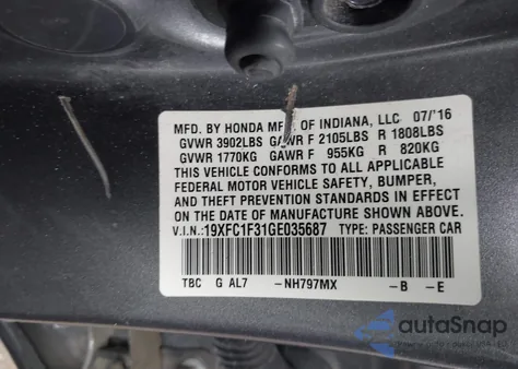 2016 Honda Civic Ex-T z USA, uszkodzony, nr VIN 19XFC1F31GE035687